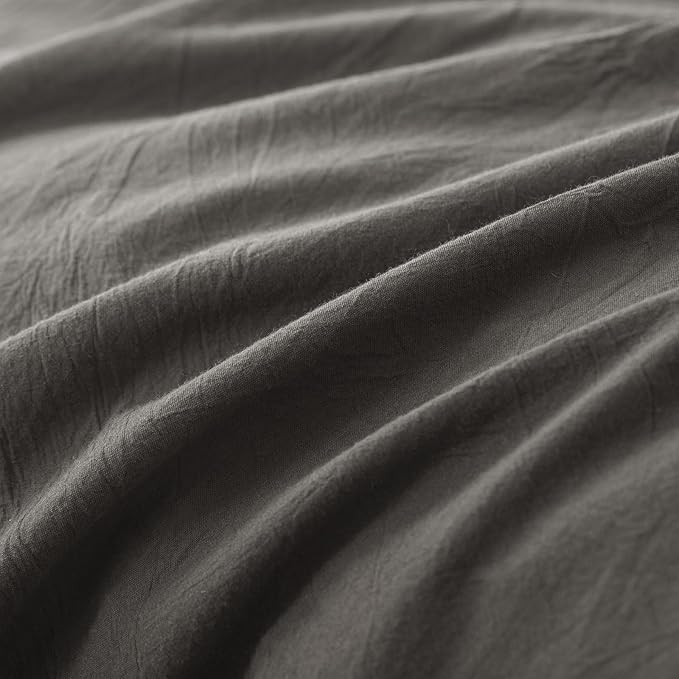 JIYUAN 100% Washed Cotton Duvet Cover Set 3 Pieces Queen, 1 Duvet Cover 90x90 Inches(Comforter Not Included) and 2 Pillowcases,Linen Feel Bedding Set Comfy and Breathable,Solid Dark Grey