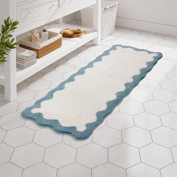 Uphome Bathroom Rug Runner, White Cute Long Bathroom Rug with Blue Irregular Shaped Absorbent Non Slip, 18x47 Machine Washable Soft Shaggy Microfiber Bath Mat for Floor, Tub, Shower