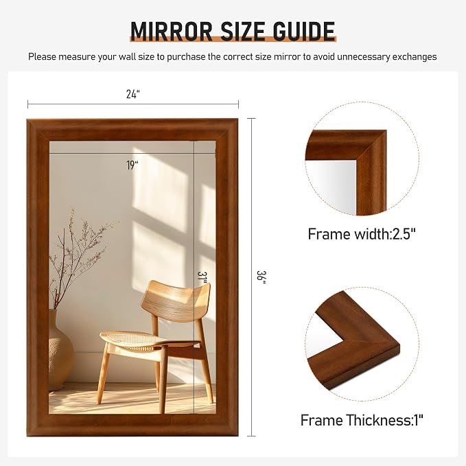 CULER Rustic Wood Wall Mirror for Bathroom,Rectangle 24 x 36 inch Hanging Vanity Mirrors with Wooden Frame for Living Room,Bedroom,Entryway(Walnut Brown)
