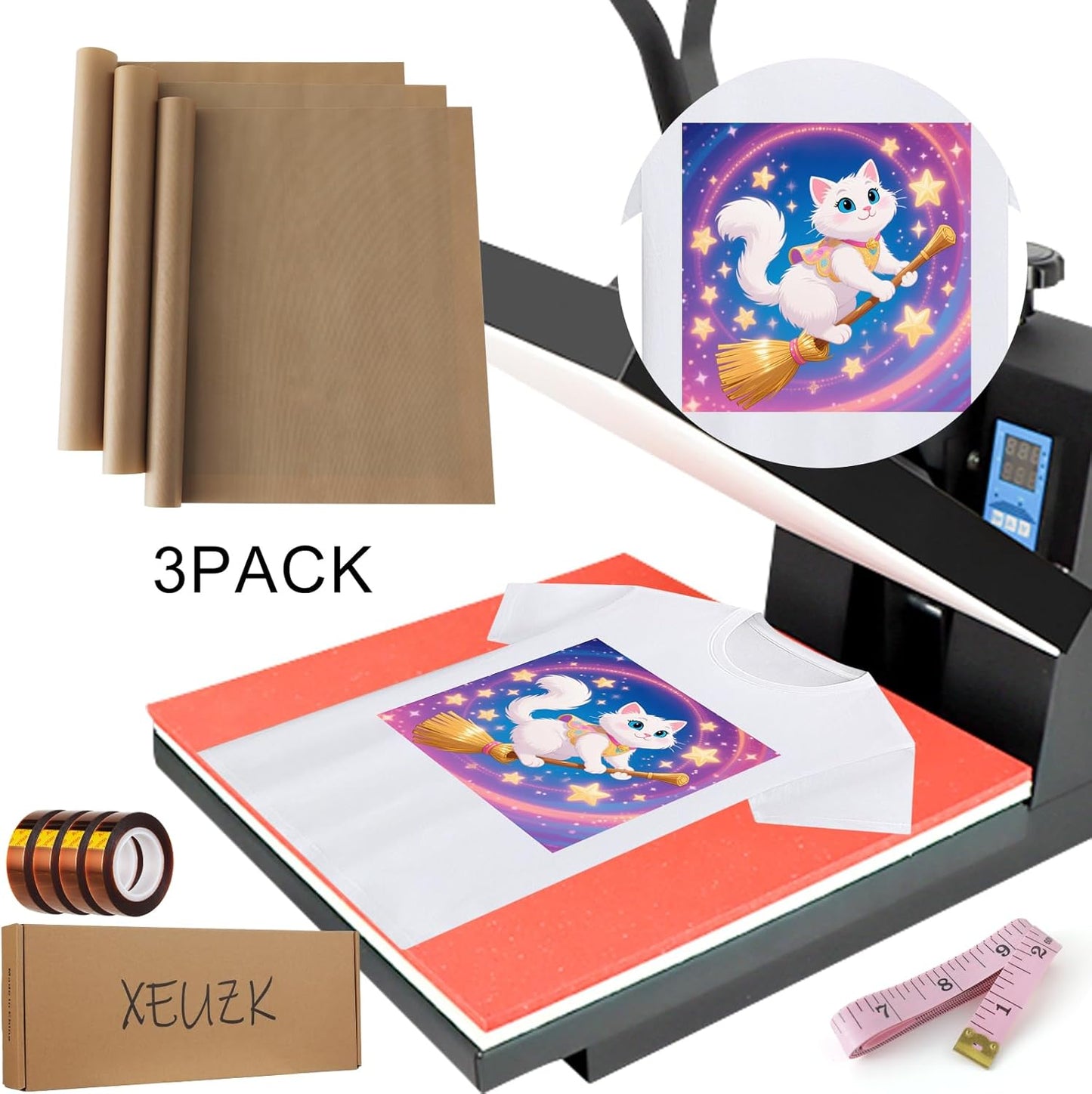 XEUZK Sublimation Shirt Kit - Complete 8T Ruler Set, Teflon Sheets, Gloves & Tape | 12x16in