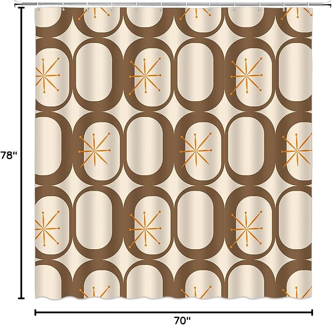 Mid Century Modern Extra Long Shower Curtain Abstract Atomic Geometric Round Squares Retro 50s Brown Fabic with Hooks for Bathroom Decor,70x78 Inch