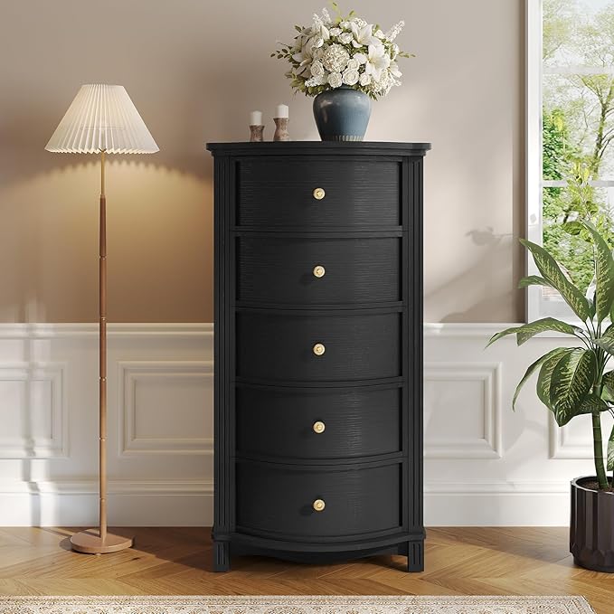 AuraCurve Tall 5-Drawer Chest, Elegant Dresser with Five Arc Fronts, Roman Column Decor, Slim Floor Standing Storage Cabinet, 48.6x23.6x15.7 Inches(Black, 5 Drawer)