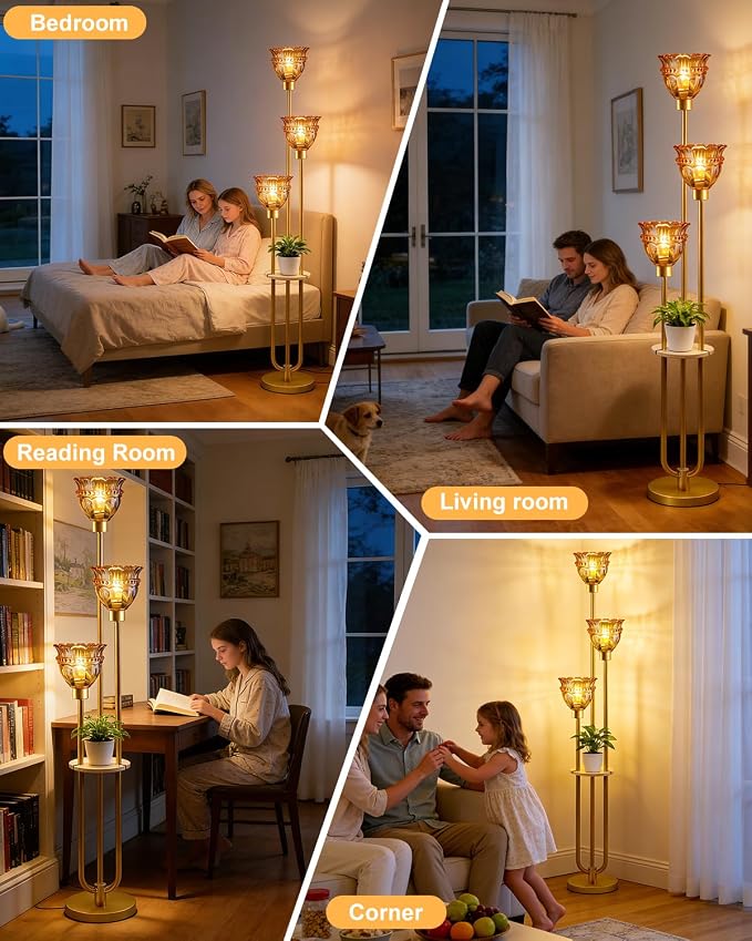 Lightdot Glass Floor Lamp for Living Room Mid Century Modern Gold Floor Lamp with Amber Glass Shade 3000K Bulbs Included Tall Standing Lamp with 5Lbs Heavy Base for Bedroom/Sofa Beside/Corner Decor