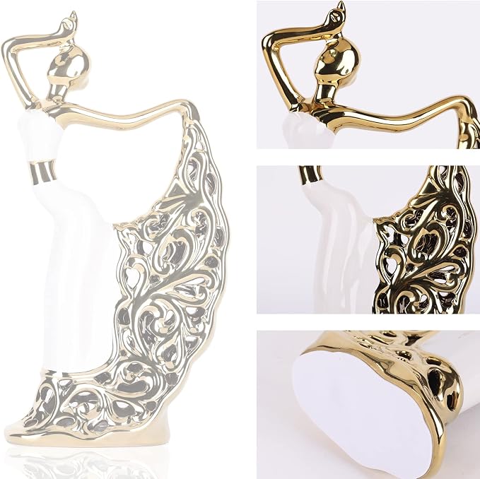 DOVDOV Peacock Statue and Sculpture, Female Dancer Sculpture, Modern Home Golden Ceramic Statue for Coffee Table, Entrance, Living Room, Bedroom Office Decoration Accessories (White Gold)
