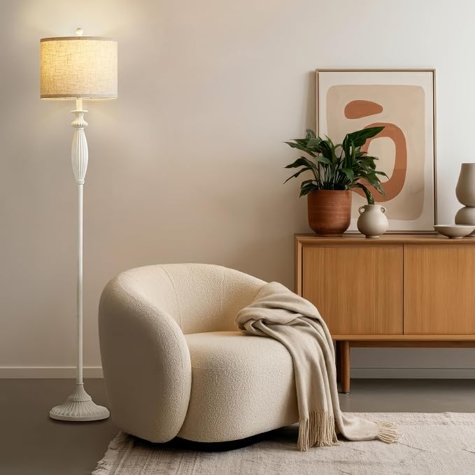 63.8" Vintage Floor Lamp with Rotary Switch, Dimmable Color Temperature Standing Lamp, Retro Farmhouse Floor Lamps for Living Room, Bedroom, Hallway, Office, Room Decor, Antique White (Bulb Included)