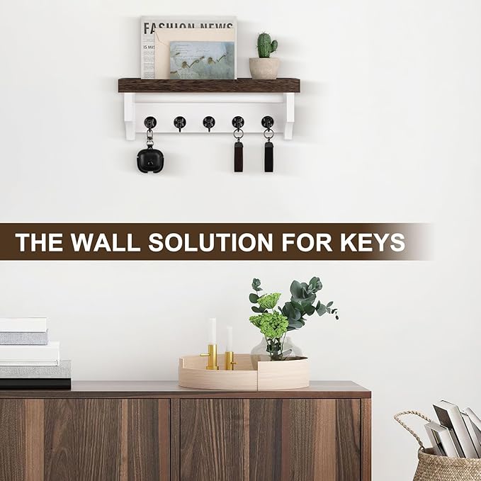 Lucundm Key and Mail Holder Wall Mount, Key Holder with Shelf and Mail Organizer Wall Mount. Mail Holder with 5 Hooks for Coat, Dog Leash, Home Decor Rack, Entry Way Organizer (Brown & White)