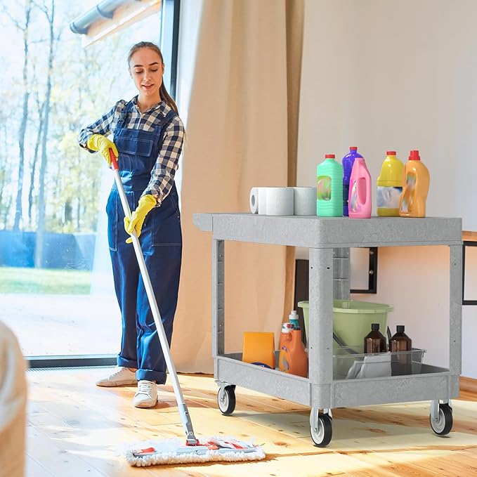 Utility Cart on Wheels, 2 Shelf Heavy Duty Large Flat Top Rolling Cart, 550LBS Capacity Service Cart for Warehouse, Garage, School, Kitchens, Office(Gray, 45.7)