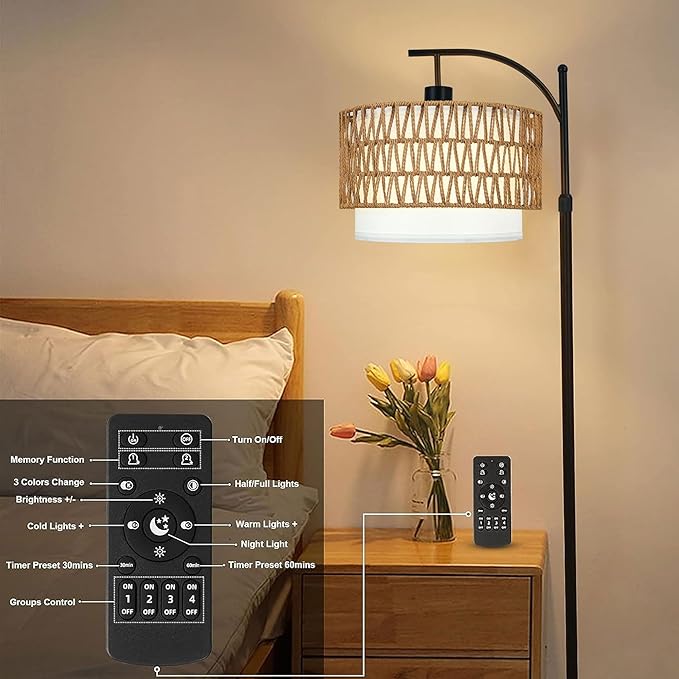 ZECOXOL Arc Floor Lamp with Table and Shelves,Rattan Boho Floor Lamp with Remote Control,Rustic Floor Lamps for Bedroom Wicker Standing Lamp with 3 Color Temperature Tall Lamp for Living Room Corner