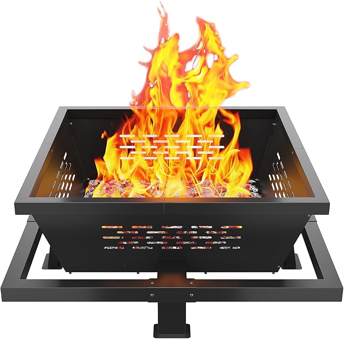 Auhilence 42" Large Fire Pit, Square Outdoor Fire Pit with Poker, Wood Burning FirePit for Camping, Backyard, Patio