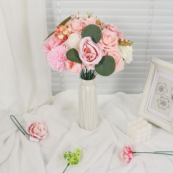 Artificial Flowers Combo Box Set Pink Roses Floral Fake Flowers Realistic Touch Flowers with Stems for Wedding Bouquets Table Centerpieces Home Decor