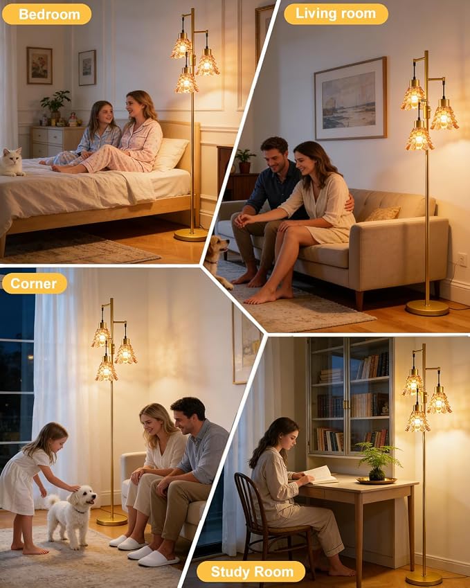 Lightdot 67" Glass Floor Lamps for Living Room, 3-Light Dimmable Floor Lamp with Amber Glass Shade& Bulbs Included, Mid Century Standing Tall Lamp with 5Lbs Heavy Base for Bedroom/Sofa Beside-Gold