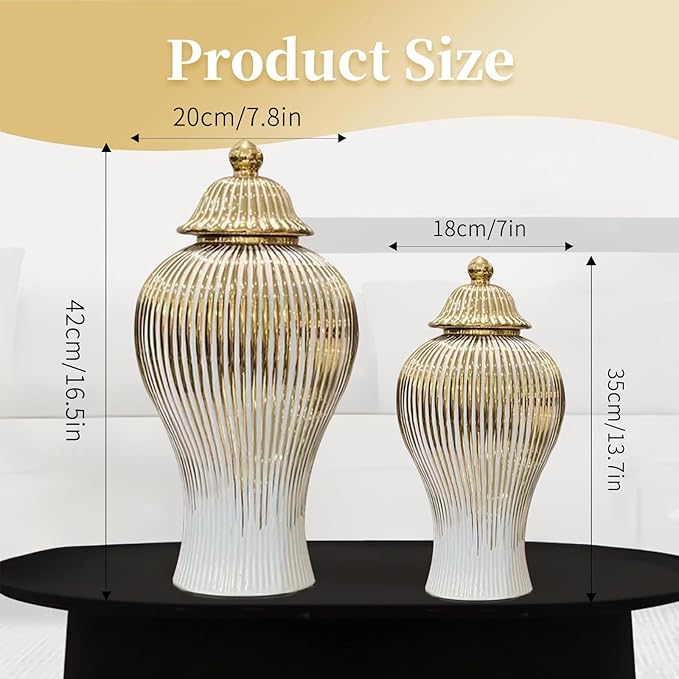 Ginger Jar, White Gold Ceramic Vase Large Handmade Porcelain Vases with Lid, White Gold Decorative Flower Vase for Home, Living Room, Weddings, Centerpieces (B-Medium)