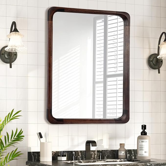 Tanmicoshomy Wood Bathroom Mirrors for Wall 30 x 40 Inch, Large Mirrors with Tempered Glass for Living Room Bedroom Office or Entryway(Dark Brown)