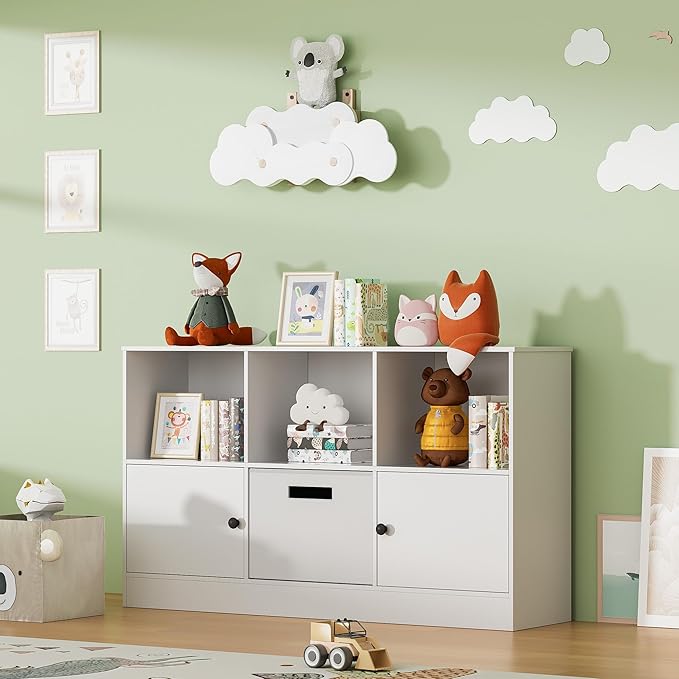 2-Tier Open Bookcase with 2 Doors, 6-Cube Wooden Bookshelf with Fabric Drawer, Floor Standing Display Cabinet Organizer, Kids Open Shelf Low Bookcase for Living Room, Bedroom, Office, White