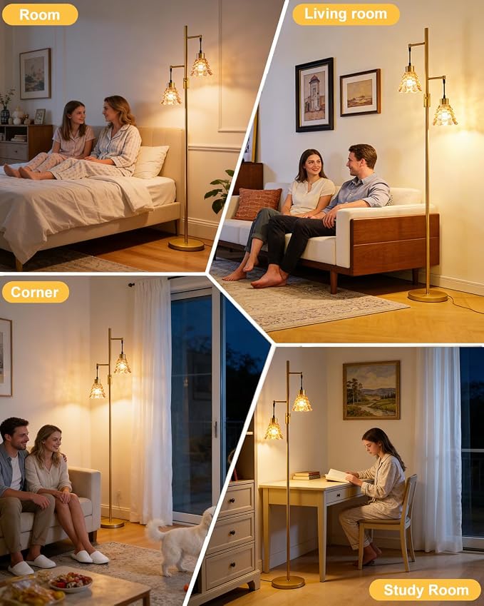 Lightdot 65IN Glass Floor Lamp for Living Room, 2- Light Gold Floor Lamps with Amber Glass Shade& Warm White Bulbs, Modern Standing Tall Lamp with 5Lbs Heavy Base for Bedroom/Corner Beside/Home Decor
