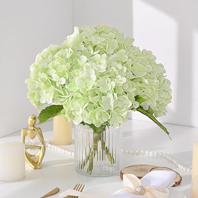 MARTINE MALL 3Pcs 21in Hydrangea Artificial Flowers, Latex Real Touch Hydrangeas Lifelike Large Hydrangea Flowers for Home Decor Party Arrangements Wedding Bouquets Centerpieces (Light Green)