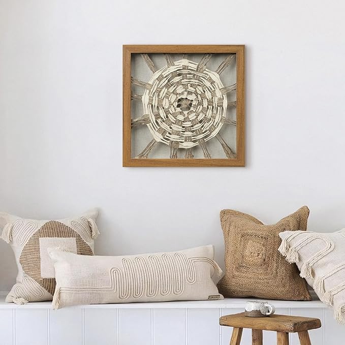 FOLKOR Framed Wall Art for Modern Home Office Apartment, 12" 3D Starburst Shadow Box Wall Accent for Rustic Farmhouse Living Room Bedroom Classroom, Natural Geometric Hanging Artwork Panel