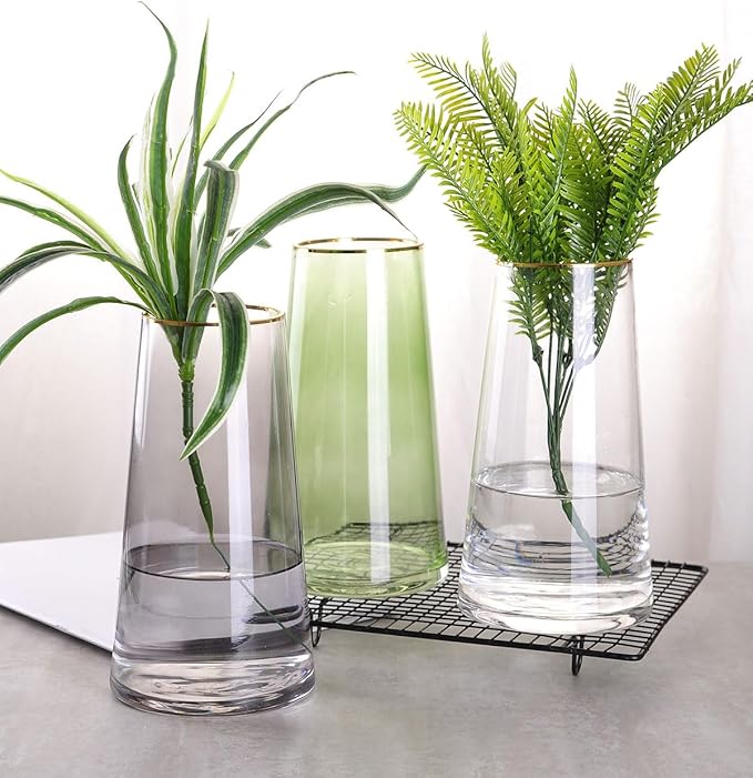 WHJY 9 inch Gray Clear Glass Vase for Table Centerpieces Home Décor, Flower vase Modern Glass Bottles Decorative-Gray