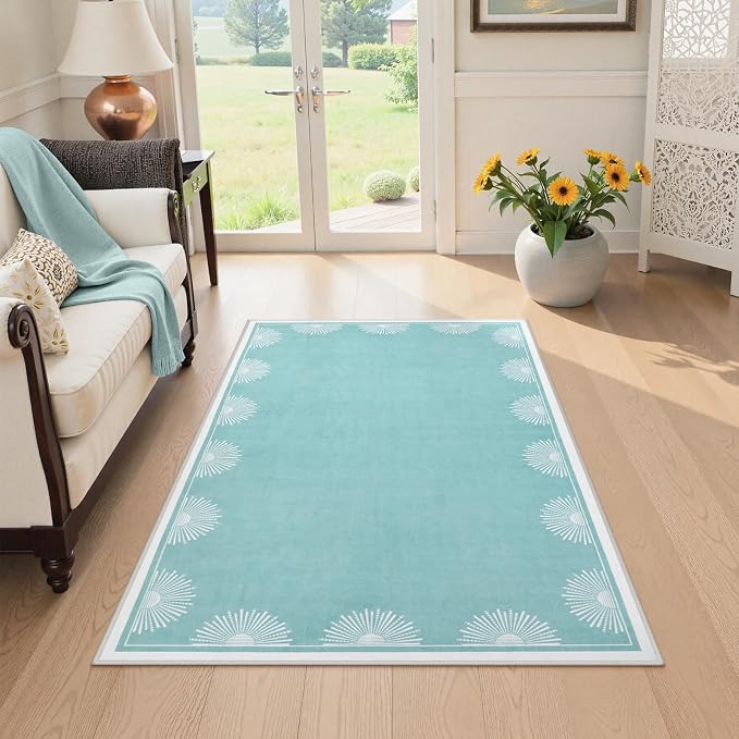 Hedlive Washable 3x5 Toddler Rug, Soft Low Pile Baby Blue Nursery Area Rugs for Boys and Girls, Sun Print Floor Carpet for Kid Baby Room Bedroom Playroom Classrooom Dorm(3'x5',Baby Blue)