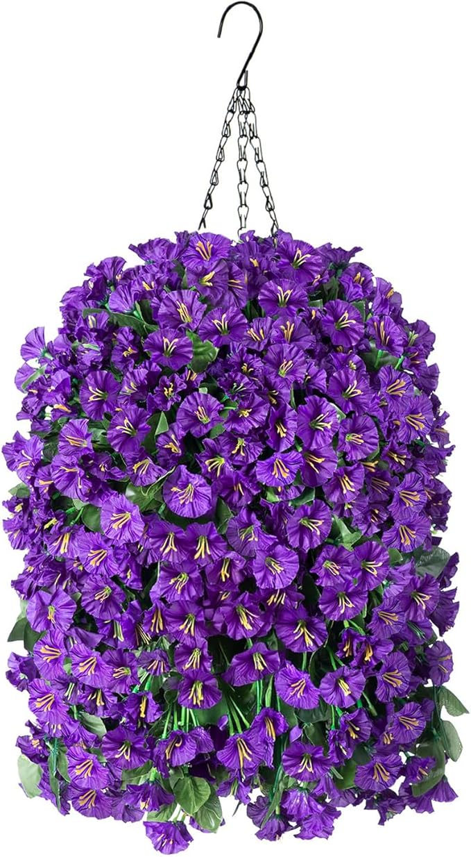 HyeFlora Artificial Faux Hanging Flowers Plants Basket for Outdoor Outside Porch Decoration, UV Resistant Fake Silk Purple Morning Glory Trailing Vines Realistic for Summer Home Balcony Yard Patio
