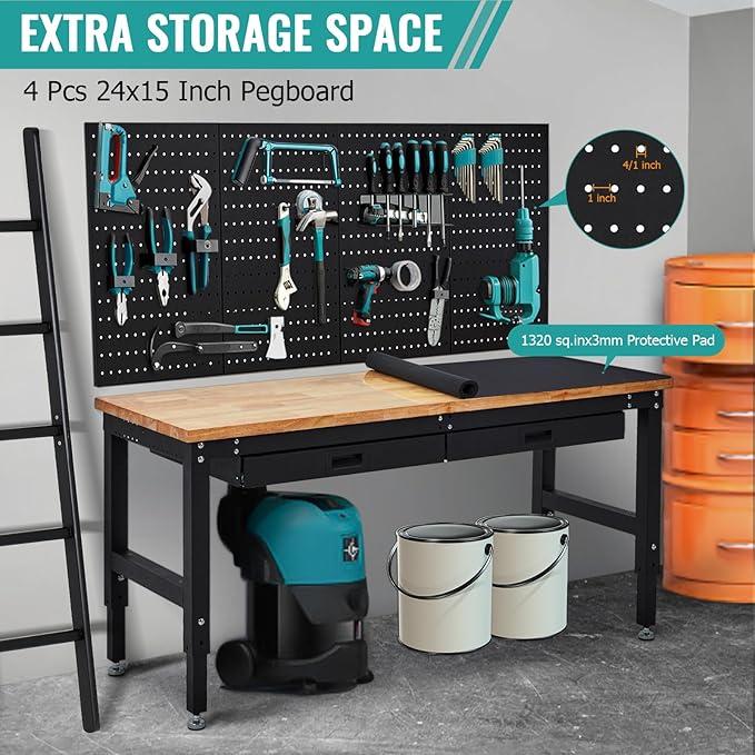 60 Inches Workbench, Rubber Wood Tabletop Work Table with 2 Drawers & Pegboard, 3000 LBS Heavy Duty Adjustable Height Work Bench with Power Outlets for Workshop, Office, Garage