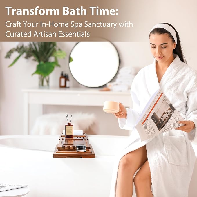 Teak Bathtub Tray | Adjustable Width Tray with Wine Holder, Tablet/Phone & Book Stand, Splash-Proof for Bath Time- Natural