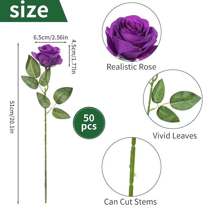 50pcs Artificial Roses Flowers in Bulk,Realistic Silk Fake Rose with Long Stem for Wedding Centerpieces Bouquet Party Floral Arrangement Home Decoration (Purple)