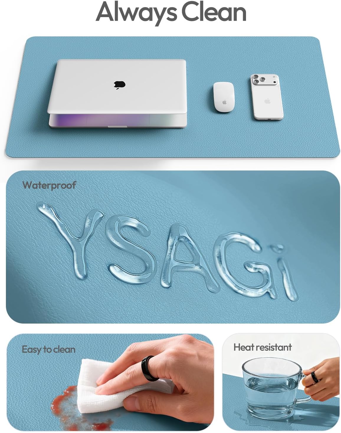YSAGi Leather Desk Protector - Large Non-Slip PU Leather Office Mat | Waterproof Writing Pad (Sea Blue, 47" x 17")