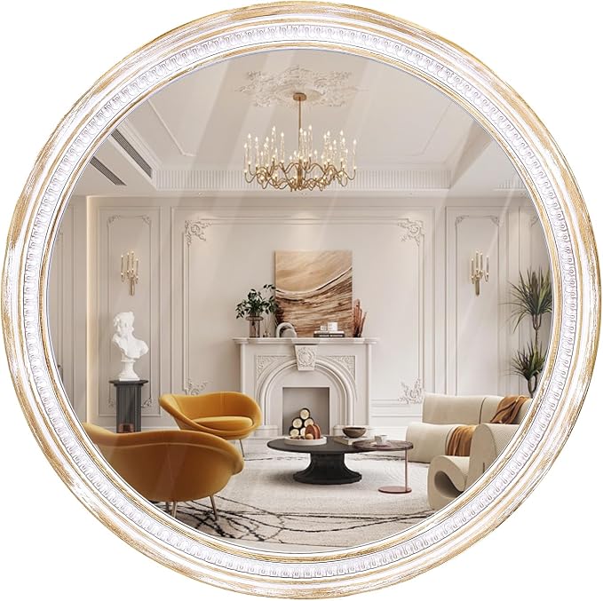 HOITUZYUS 30 Inch Rustic Farmhouse Round Wall Mirror, Boho Wooden Decorative Circle Mirror for Bathroom Vanity, Living Room, Entryway, Bedroom, Hallway
