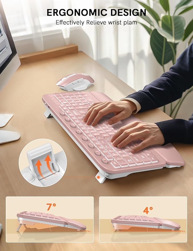 SABLUTE Ergonomic Wireless Keyboard and Mouse Combo - Wave Keyboard with Soft Leather Wrist Rest, Resistant Keys, RGB Backlit Rechargeable Set for PC/Mac/Chromebook (Black) (Pink)