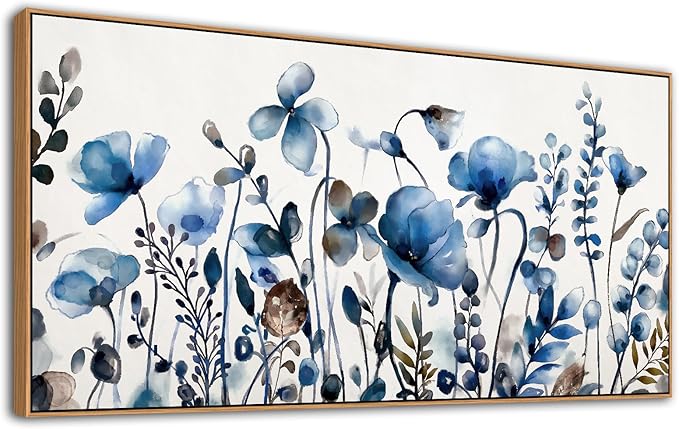 VEAEE Floral Wall Art, Abstract Indigo Flowers Canvas Pictures, Living Room Wall Decor, Modern Landscape Painting, Botanical Grass Artwork for Bedroom Bathroom Kitchen Office Wall Decor 29"x 58"