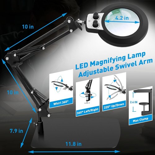 KIRKAS 12X Magnifying Glass with Light - 2-in-1 Desk Lamp with Stepless Brightness & Clamp