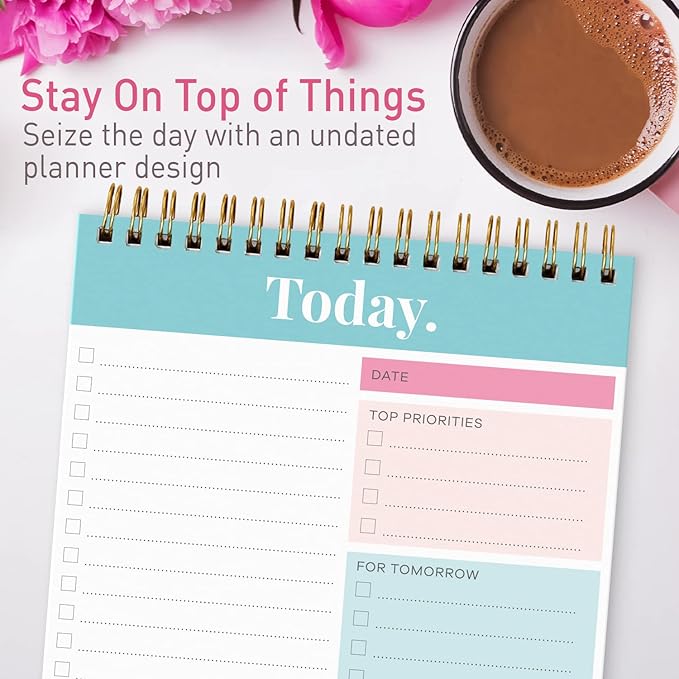 S&O Daily Planner Notepad for Productivity - 52 Page Routine To Do List - Undated Writing pad and Organizer - Every day To Do List Scheduler- Coiled Task Organizer - Regular calendar Planner - TEAL