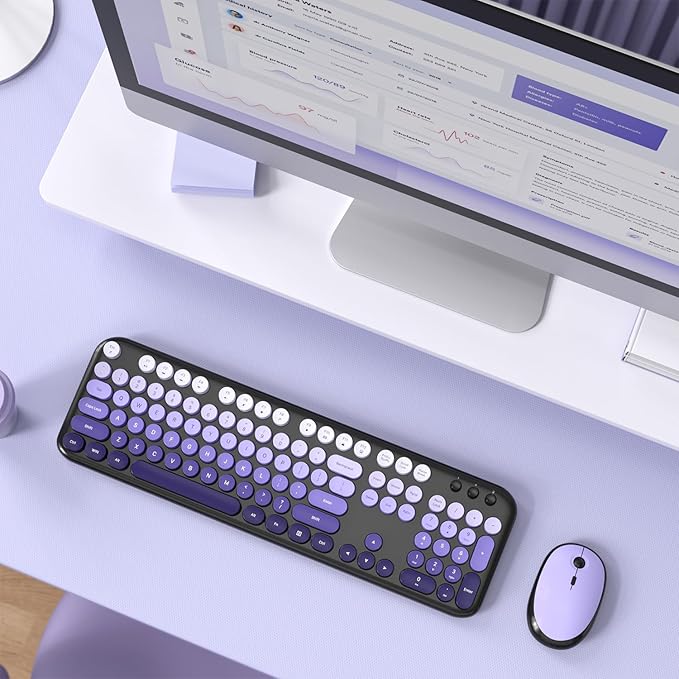 Wireless Keyboard and Mouse Combo, MOWUX Colorful Computer Full Size 2.4G Plug and Play Wireless Typewriter Keyboard and Mouse Set for Computer, Desktop, PC (Black Purple Gradient)