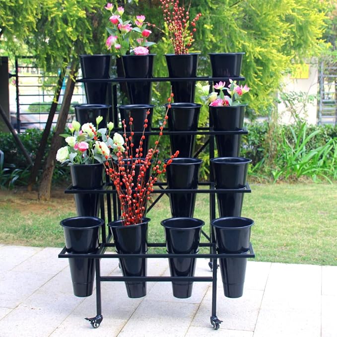 Zhongma Flower Display Stand with 16pcs Plastic Buckets for Fresh Flowers Heavy Duty Garden Cart Moving Flower Bucket Stand with Wheels