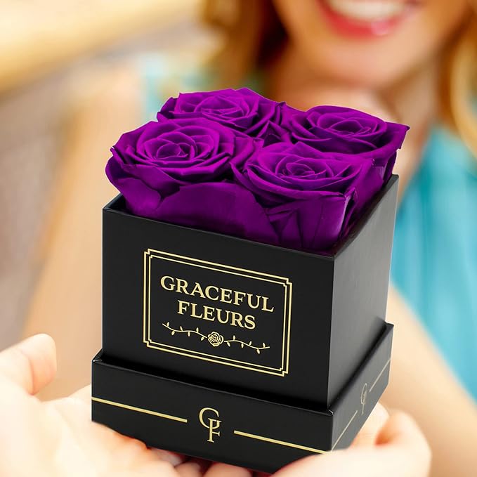Graceful Fleurs | Real Long Lasting Roses for Years | Preserved Fresh Flowers for Delivery Birthday | Birthday Gifts for Women | Forever Roses in a Box (Purple, Black Box, 4 Roses)