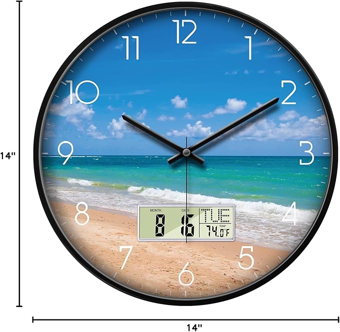 Coastal Beach Wall Clock, 14 Inch Silent Non-Ticking Battery Operated Analog Clock with LCD Date Day Temp Display, Decorative for Living Room, Bedroom, Kitchen, Beach House, Coastal Homes