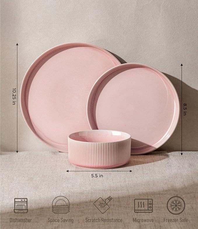GBHOME 12-Piece Stoneware Dinnerware Set for 4 – Ribbed Ceramic Plates and Bowls, Scratch-Resistant, Microwave & Dishwasher Safe, Reactive Glaze, Blush Veil