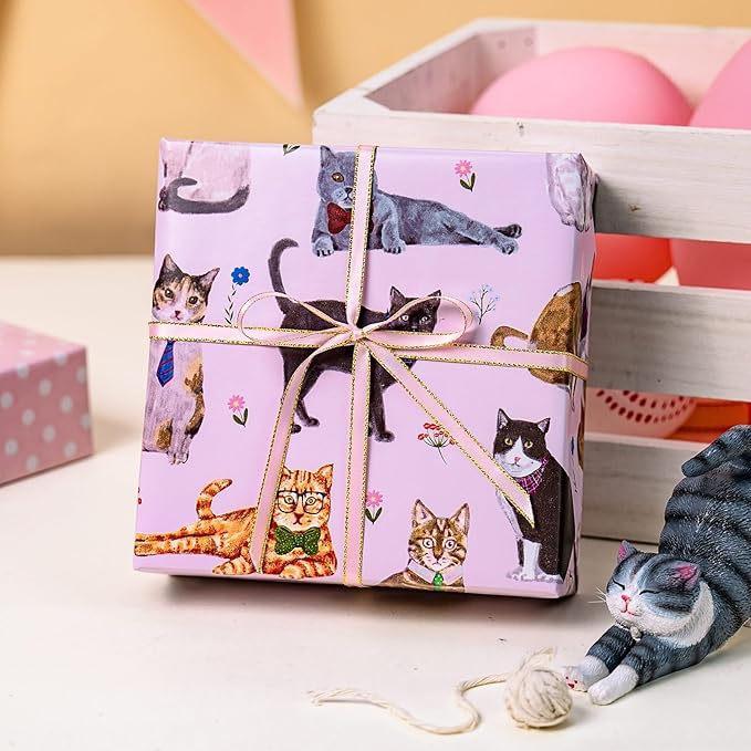 Burymento Pink Lovely Cat Wrapping Paper, Reversible Wave Point Gift Wrap for Birthday, Valentines, Mothers day, Graduation, Wedding, Fathers day, Baby Shower, Christmas (17in x 16.4ft)