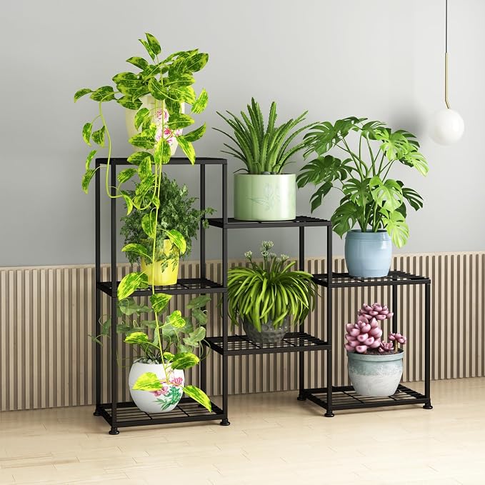 Metal Plant Stand Indoor Metal Plant Stands Outdoor Tiered Plant Shelf for Multiple Plants, 3 Tiers 7 Potted Ladder Plant Holder Table Plant Pot Stand for Window Garden Balcony Living Room