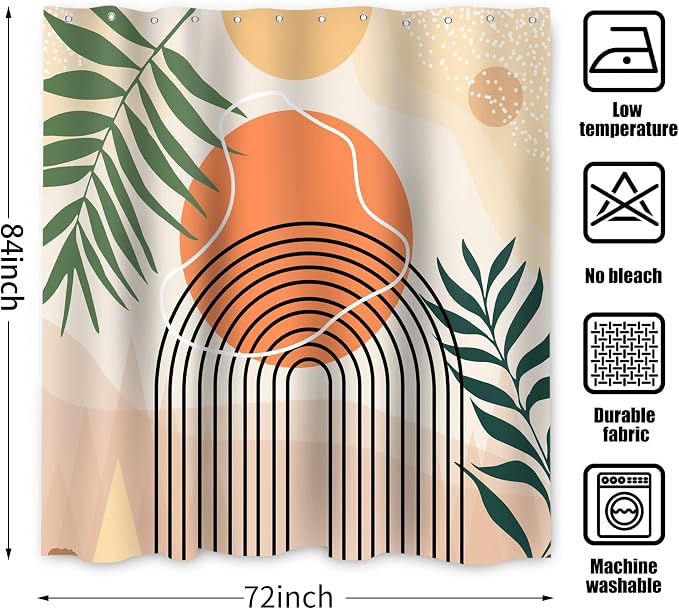 Mid Century Extra Long Shower Curtain, Abstract Boho Minimalistic Arch Sun Leaf Machine Washable Waterproof Fabric for Bathroom Bathtub Decor with Hooks 72Wx84H