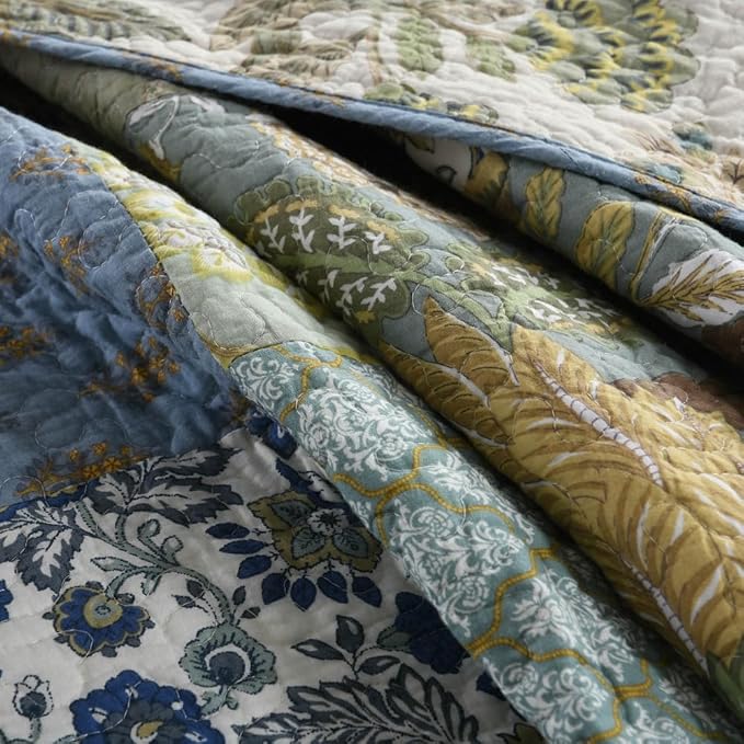 ENASAL Cotton Bedspread Quilt Sets Reversible Bedding Coverlet Sets Comforter, Patchwork Vintage Floral Paisley Farmhouse Pastoral Turquoise Bedspread, Queen Size