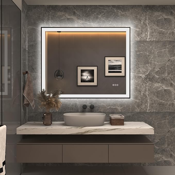 40x30 Led Bathroom Mirror, Dimmable Framed Vanity Mirror with Lights, Backlit and Front Lighted Mirror for Wall, Anti-Fog(Horizontal/Vertical)