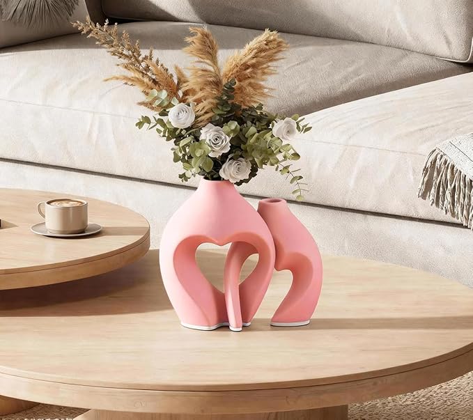 Pink Heart Shaped Ceramic Vases Set of 2, Modern Nordic Minimalist Flower Vases for Home Decor, Hollow Aesthetic Vases for Living Room, Shelf, Table, Office and Wedding Centerpieces