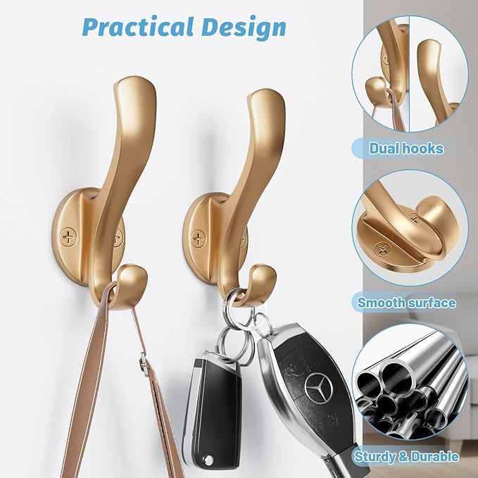 Coat Hooks Heavy Duty - Easy to Install Metal Towel Hooks Fashionable Wall Hooks for Hanging Hat, Towel, Key, Robe, Scarf, Bag, Cap (8 PCS Gold)