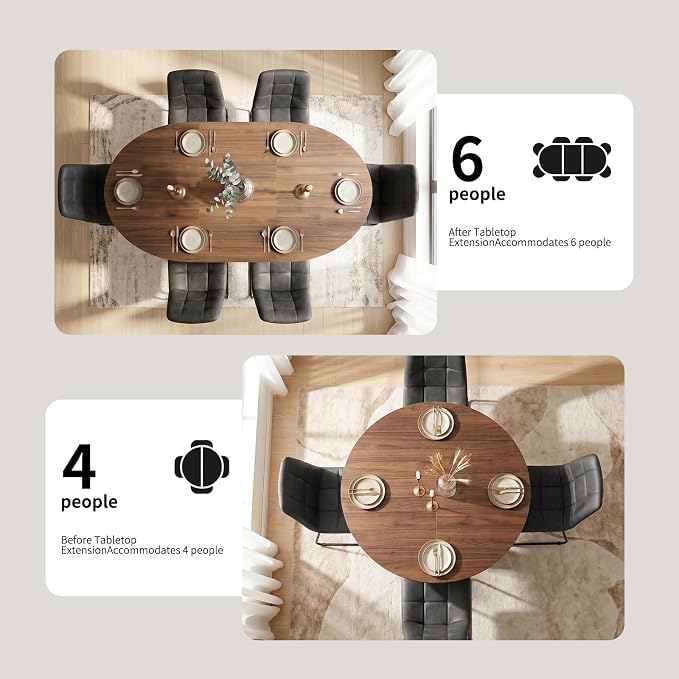 HIPIHOM Modern Round Expandable Dining Table Set for 6, 43.3"-59" Walnut Kitchen Table with 6 PU Leather Chairs, 7-Piece Mid-Century Dining Room Set
