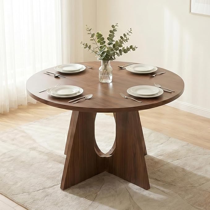 HIPIHOM 43.3"-59" Expandable Round Dining Table, Modern Walnut Kitchen Table, Space Saving Mid-Century Extendable Table for Dining Room