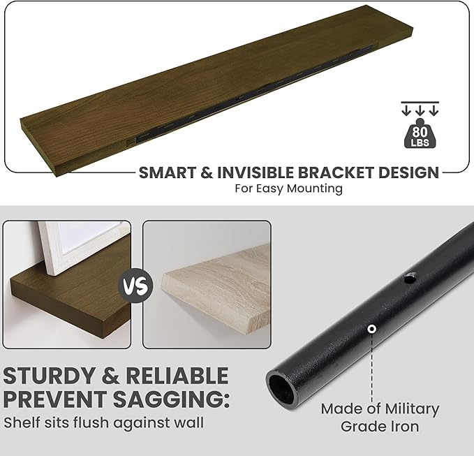 Solid Wood Floating Shelves For Wall, 55”W x 9”D x 1.56”H Large Wall Shelves for Living Room Bedroom Bathroom Kitchen Drcor Storage with Invisible Heavy-Duty Metal Bracket, Light Brown, Set of 1
