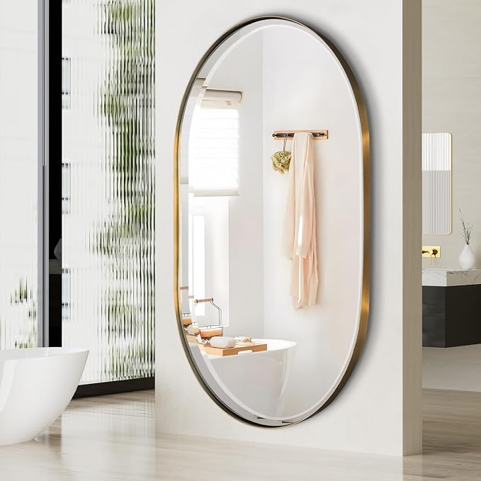 POZINO Oblong Beveled Mirror, 48"x28" Modern Bathroom Vanity Mirror Over Sink, Pill Shaped Capsule Wall Mounted Mirrors for Living Room Bedroom Entryway, Hangs Vertically or Horizontally