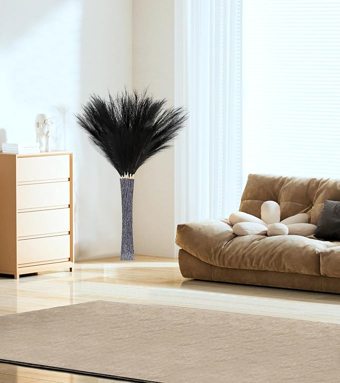 9 Pcs 45" Tall Pampas Grass Black Decor, Long Stem Artificial Flower Floor Vase Large Faux Floral Pompas Fake Plants Dried Bouquet Arrangement Vase Filler for Boho Home Wedding Decoration